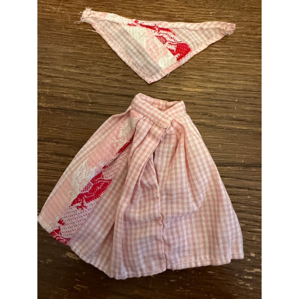 Vintage 1960s Barbie Pink Gingham Skirt & Hair Scarf Set Red Print Detail